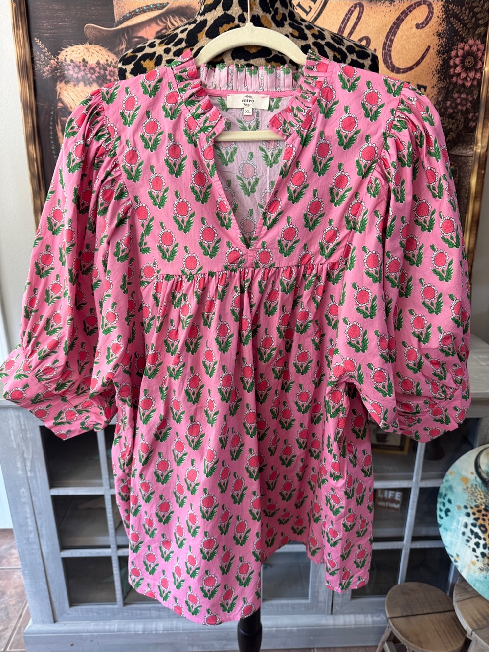 ENTRO Women's Pink Floral Puff-Sleeve Top Size XL